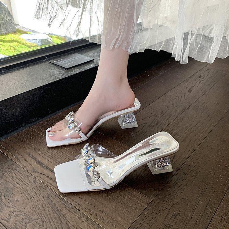Crystal Thick-heeled Sandals Women's Summer 2025 New Rhinestone High-heeled Shoes Square Head Word with Medium Heel Temperament Slippers