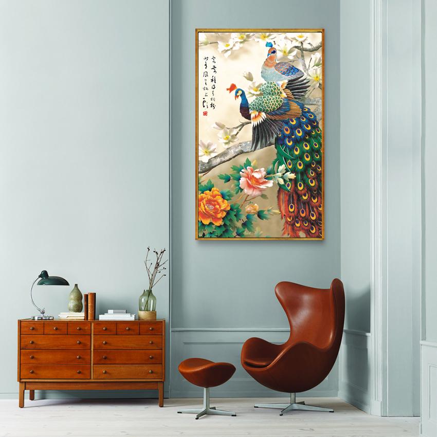 Chinese Painting Beautiful Peacock Peony Flower Chinese Wall Picture Classical Verse Print Canvas Poster Living Room Home Decor