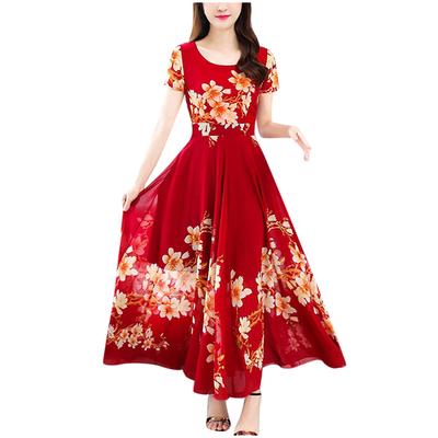 (SU)Fashion Casual Women  Short Sleeve Long A-Line Printed Ladies Slim Dress