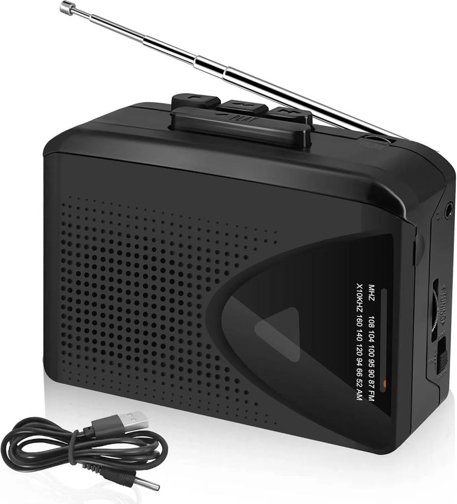 Levigo Cassette Portable Tape Includes USB Black Player, Radio, AM/FM Radio, Playback, Lightweight, Compact, Cable,