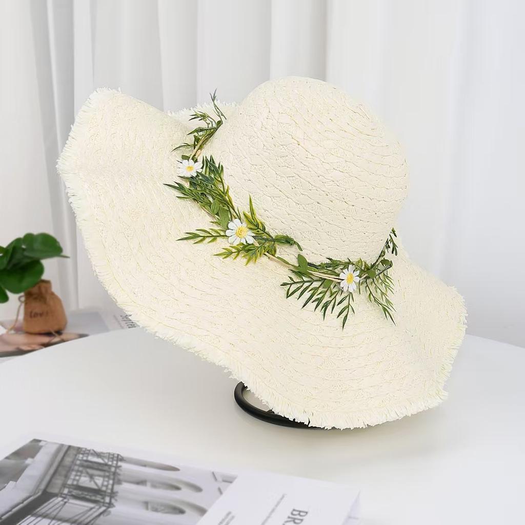 Lace Bow Straw Hat Women's Summer French Large Brim Sunscreen Hat Seaside Beach Vacation Sun Hat