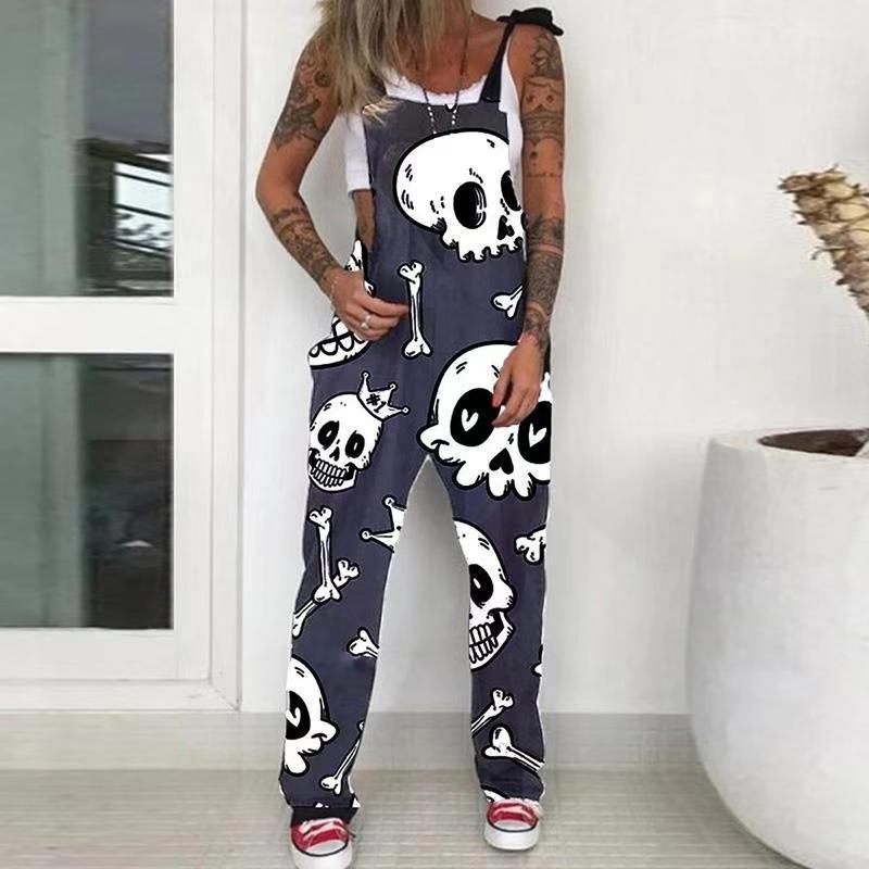 Mono Estampado Calavera Crisantemo Babero Pantalones Pantalones Largos