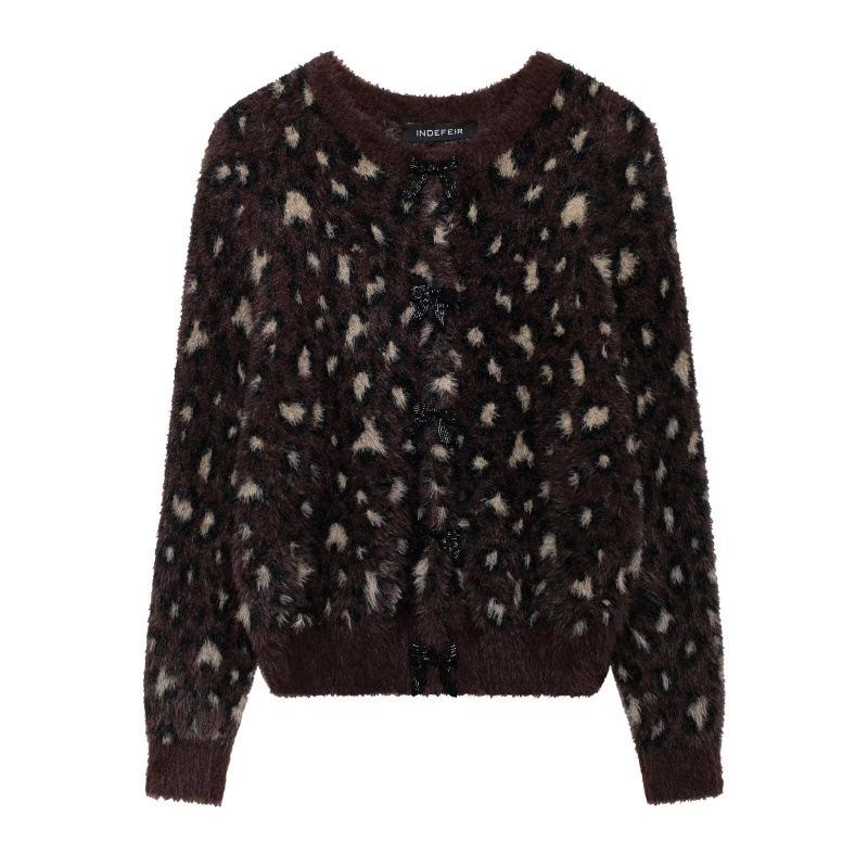 

Autumn Animal Print Bow Faux Fur Knit Sweater for Women Large