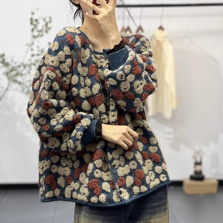 

DIMANAF 2025 Свитеры Кардиган Осень Женщины Большой размер Принт Цветок Круглый вырез Свитеры Вязание Свободный Розовый Свитер One Size чёрный