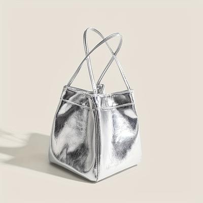 Silver Handbag Fashion Handbag Short Top Handle Leather Luxury Party Handbag Bucket Bag