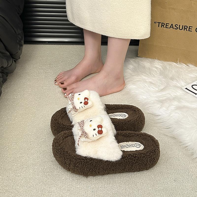 Fleece Warm Fluffy Slippers One-word Drag Internet Celebrity Fashion Cartoon Hello Kitty Cotton Slippers Women's 2025 Autumn and Winter New