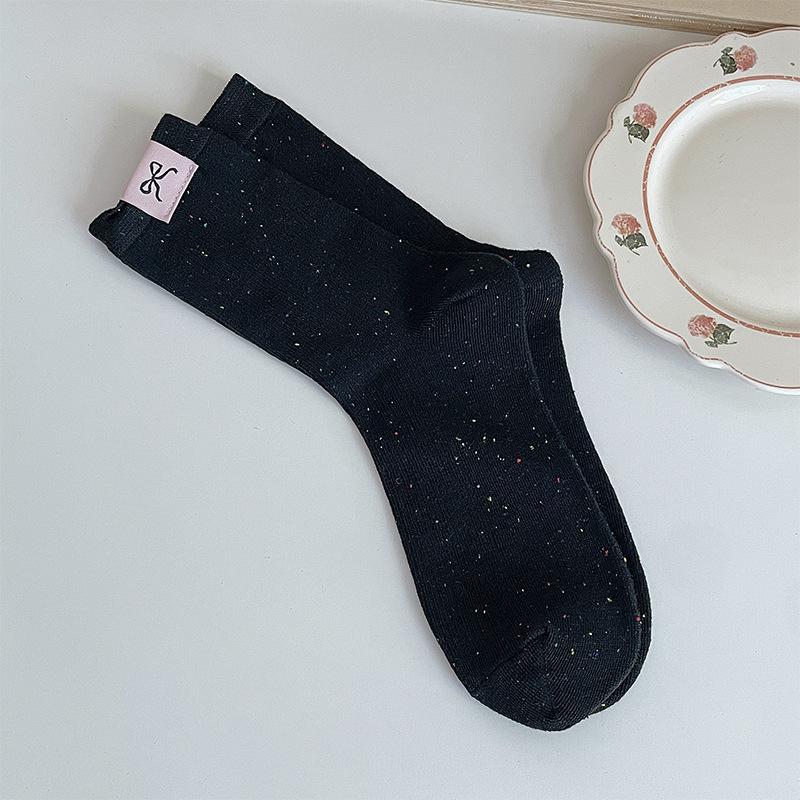 

Осенне-зимние хлопковые носки в стиле колледжа, цветной горошек, пряжа с бантом, тканевая этикетка, носки до середины икры, махровые носки для девочек 1 pair чёрный