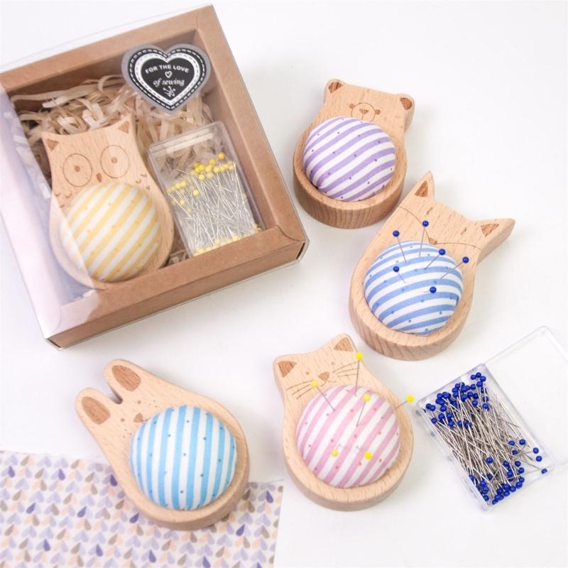 Pin Holder Wood Pin Cushion with 100Pcs 38mm Long Straight Sewing Pin for Fabric Sewing Dressmaking Needlework