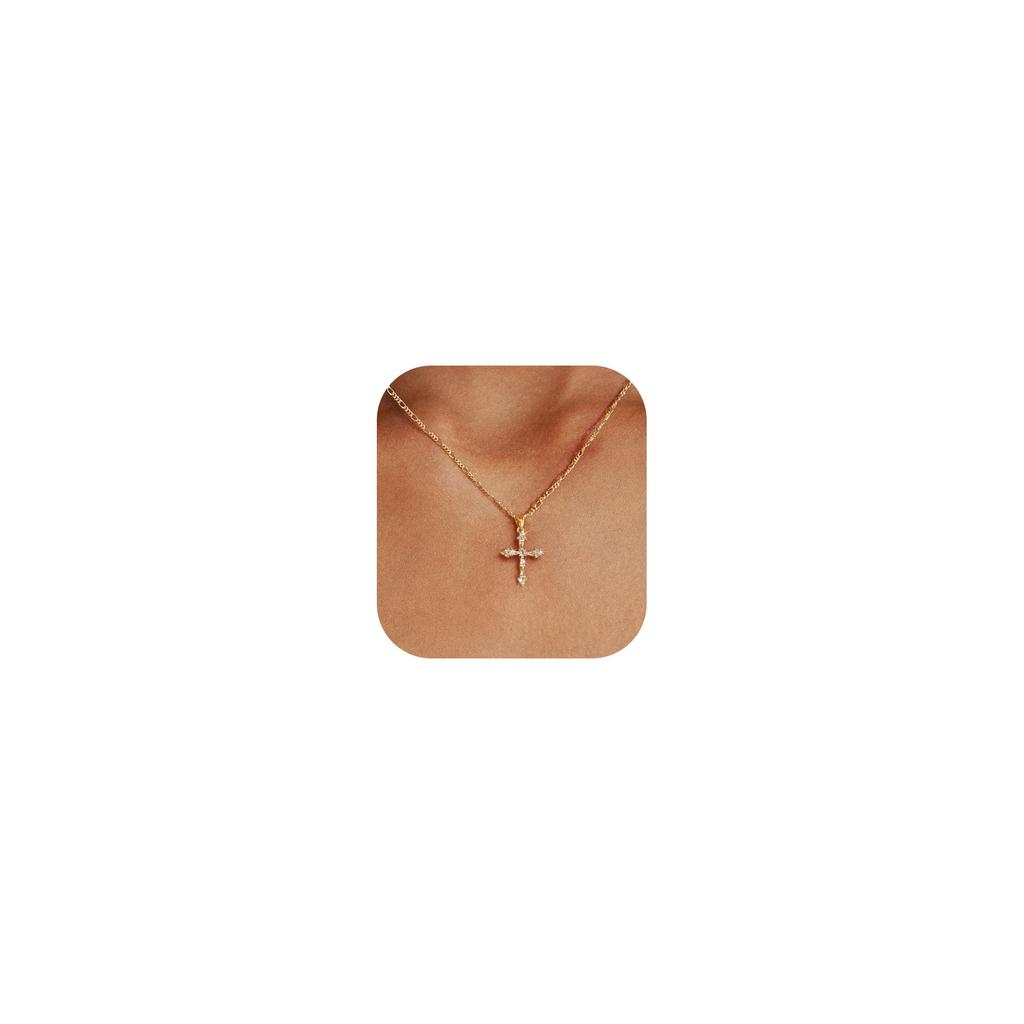 Cross Necklace for Women,Double Cross Necklace 14K Gold Plated Cross Pendant Necklace Dainty Gold Cross Necklaces for Women