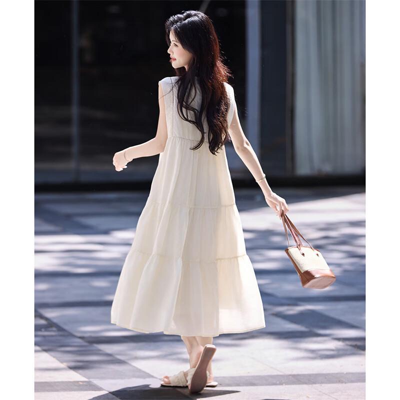 Women's Solid Pleated Sleeveless Round Neck A-Line Dress