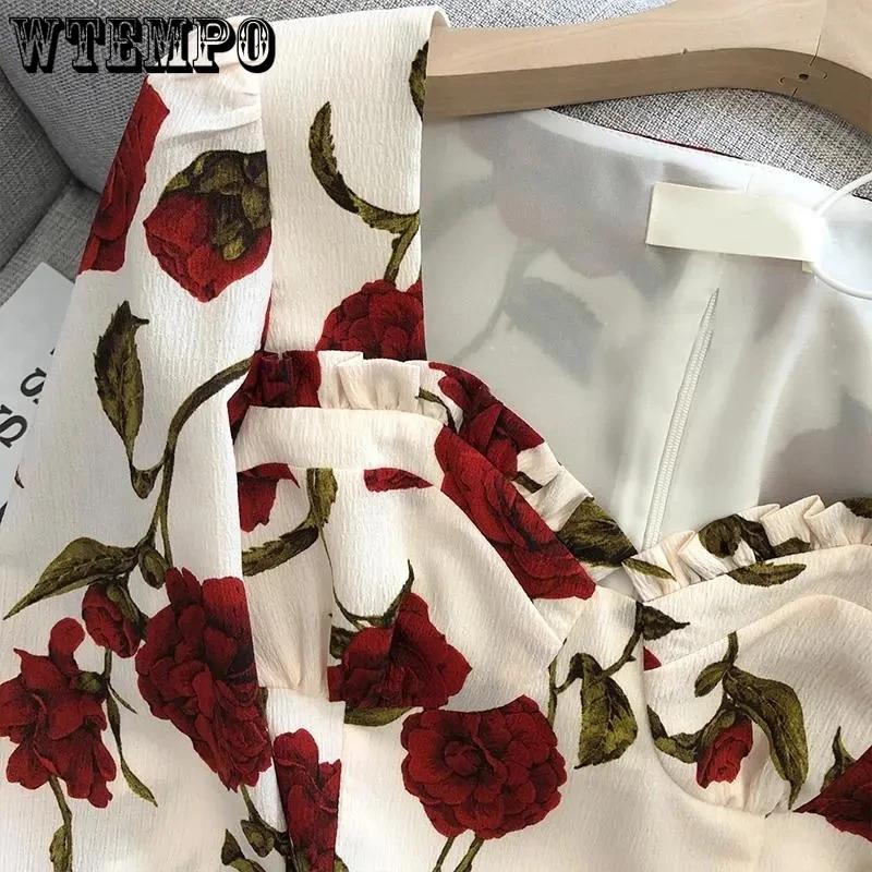 Cămașă cu flori Decolteu plisat Bluză de modă pentru femei, primăvară și vară, cămăși retro șic francez pentru damă, cu fermoar la spate, top gotic