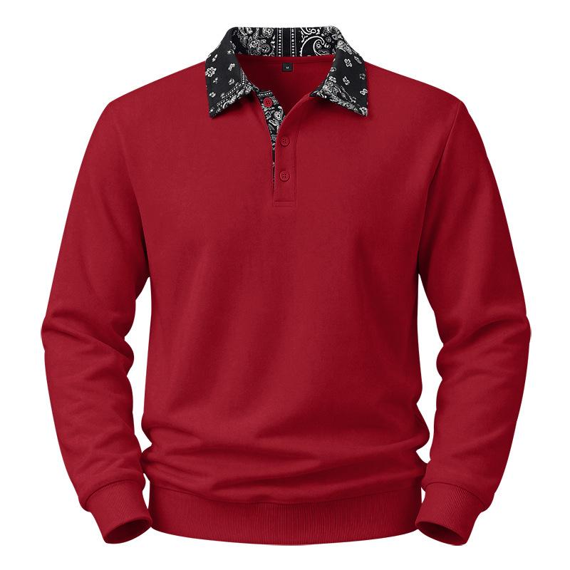 Mens Paisley Pattern Fleece Long Sleeve Polo Shirt American High Street Style
