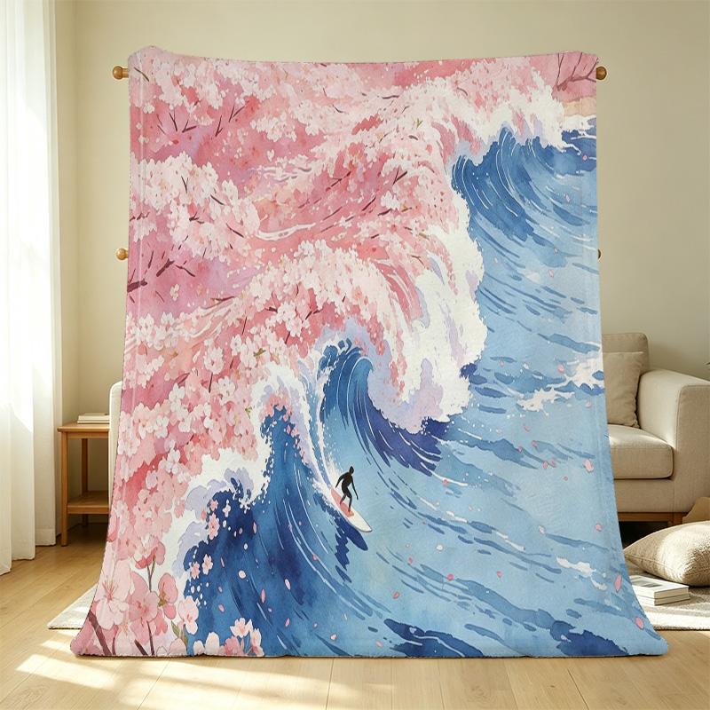 Single Size Flannel Fleece Blanket, Soft Short Plush, Cherry Blossom & Ocean Waves, Warm Cozy Blanket for Bedroom, Home, Christmas & Halloween Decor