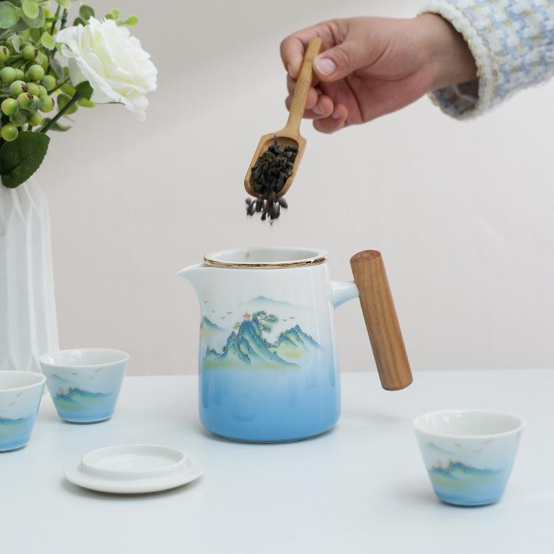 Qianli Jiangshan Ceramic Portable Travel Tea Set Portable Outdoor Express One Pot Four Cups Brewing Teapot Guochao Gifts