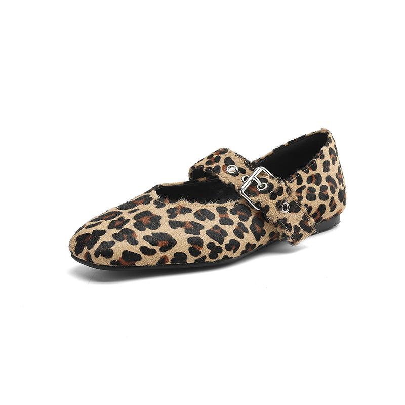 Fashion 2025 New Spring Women Flats Square Toe Low Heel Shoes Horsehair Women Shoes Concise Leopard Mary Janes Cow Leopard Print Shoes