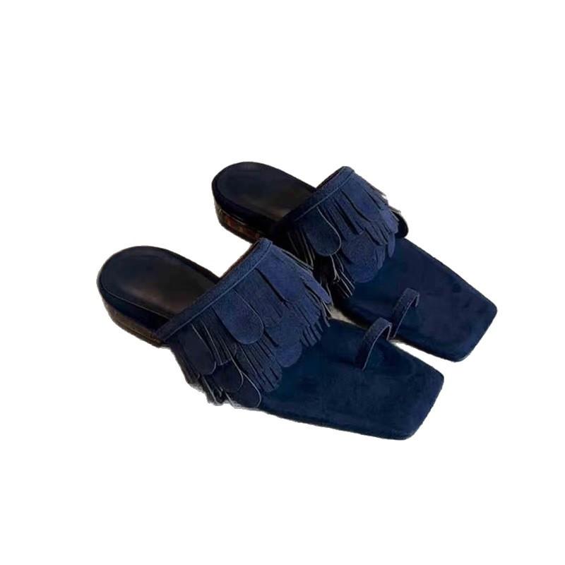 Sheepskin Version~ Niche Suede Tassel Low Heel Square Head Set Toe Slippers Women's Wear 2025 Summer Cool Slippers