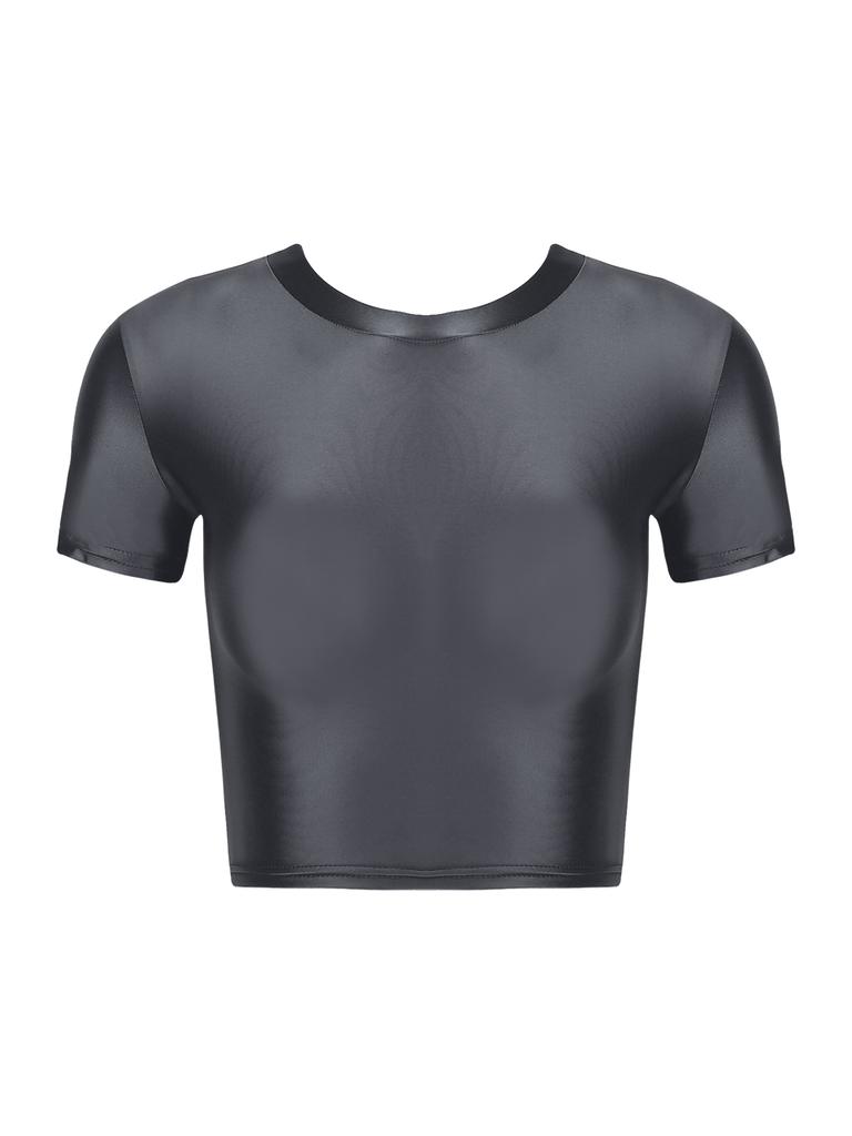 Womens Solid Color Short Sleeve Crop Top Sportswear Swimwear Top