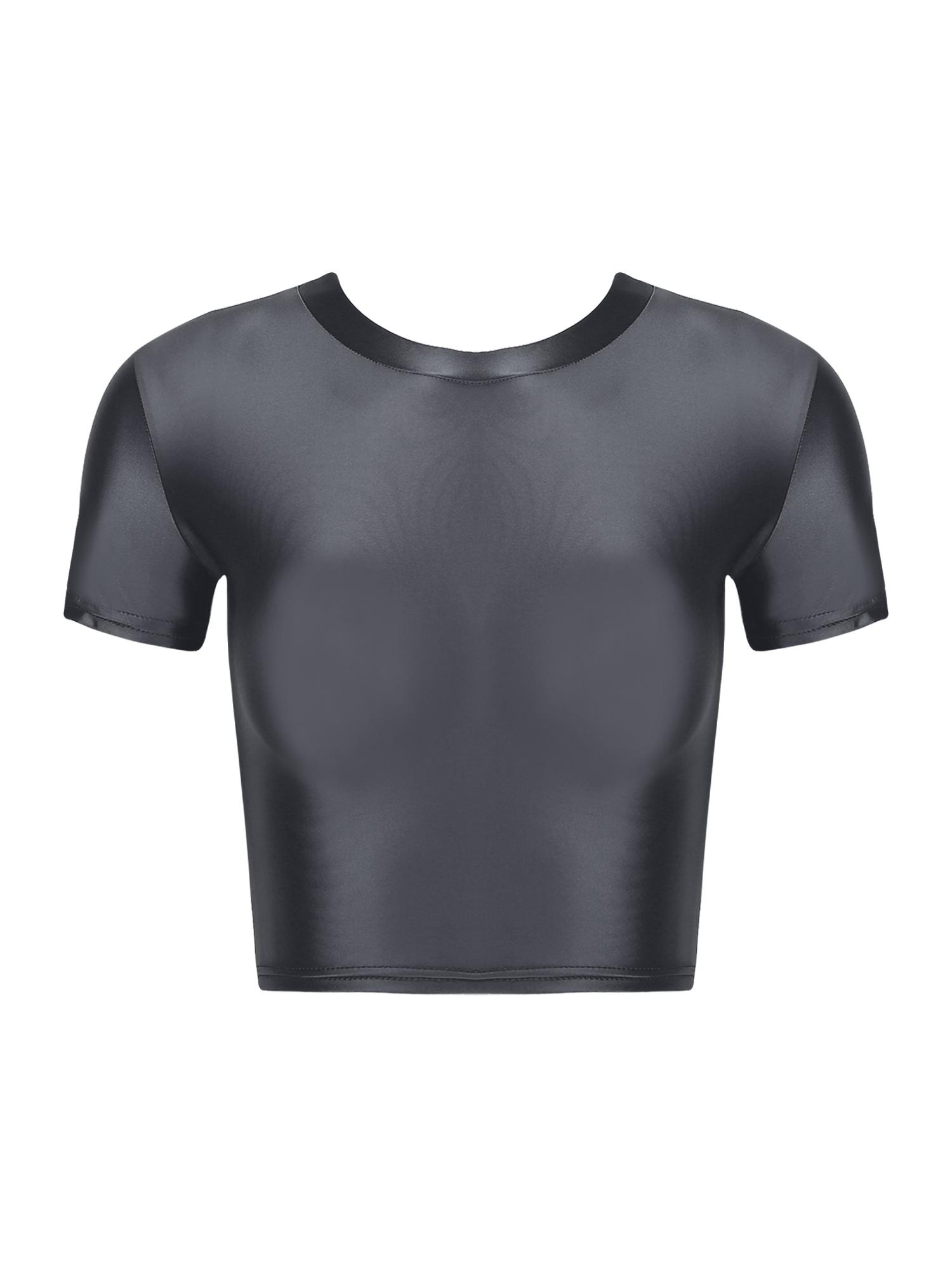 

Жіночий приталений кроп-топ з коротким рукавом та круглим вирізом, еластичний спортивний топ M темно-сірий колір