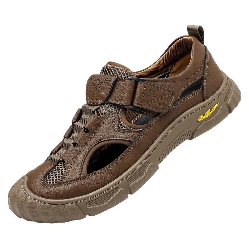 Sandals Men's Summer New Soft Leather Mesh Breathable Hole Shoes Outdoor Casual Wading Shoes Beach Shoes