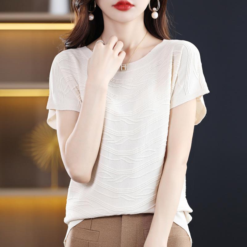 IHUASU Women's Short-sleeved O-neck T-shirt Loose Temperament Commuting Bottoming Spring and Summer Ice Silk Tops