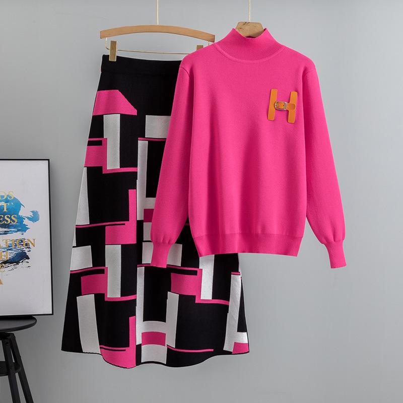 

Осенне-зимний высококлассный свитер и юбка миди, комплект из двух предметов для женщин One Size фуксия