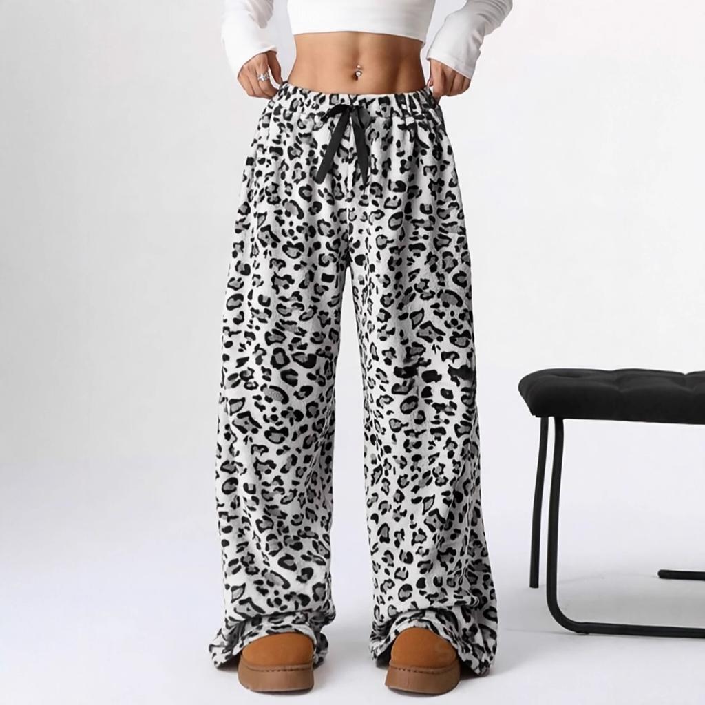 Neue Herbst-Winter Leopardenmuster High-Waist Schnürung Weiter Bein Hosen für Damen