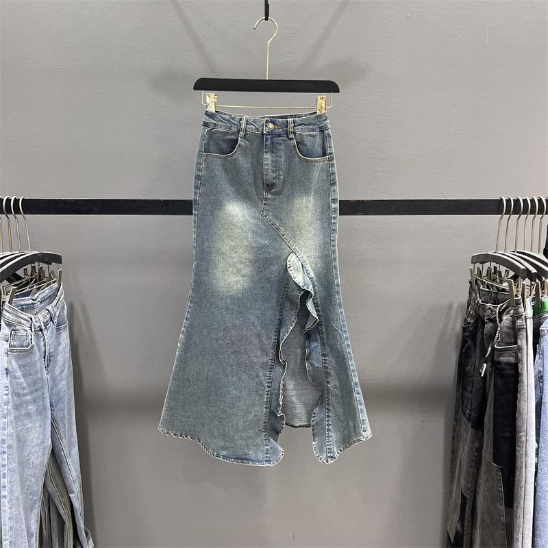 Vintage high-waisted asymmetrical denim mid-length pencil mermaid skirt for women, summer slimming mid-length pencil mermaid skirt S