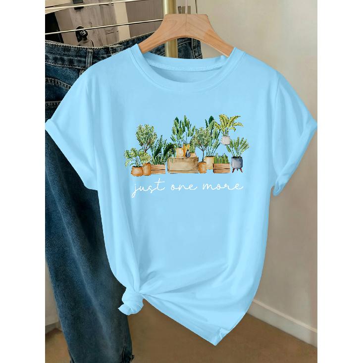 Elegant Women's Clothing with Green Plant and Potted Plant Prints, a High-value Gift, Round Neck, Short-sleeved for Spring, Summer, and Autumn T