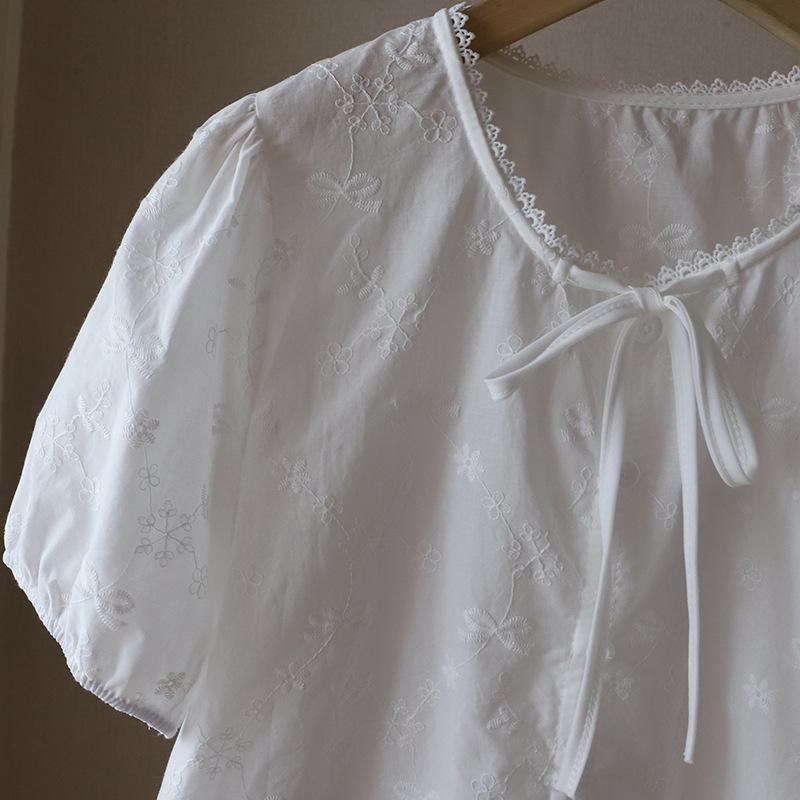 Korean Lace Jacquard Tie-Up Bubble Sleeve Women's Shirt - Summer 2025 Collection