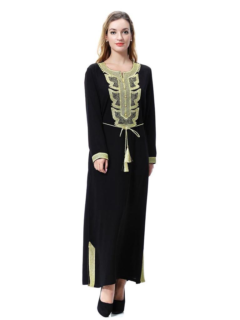 Gold Flower Long Sleeve Women's Robe Dress, TH919