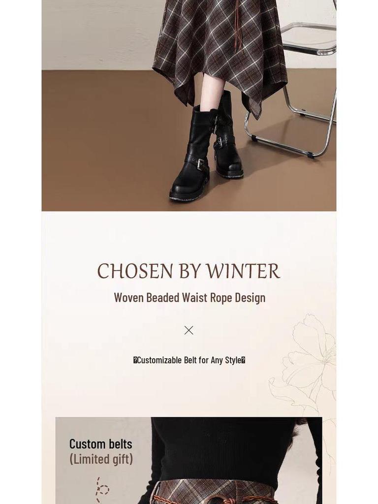 Women's Retro Irregular Plaid Woolen A-line Long Skirt - Autumn/Winter 2025 Collection