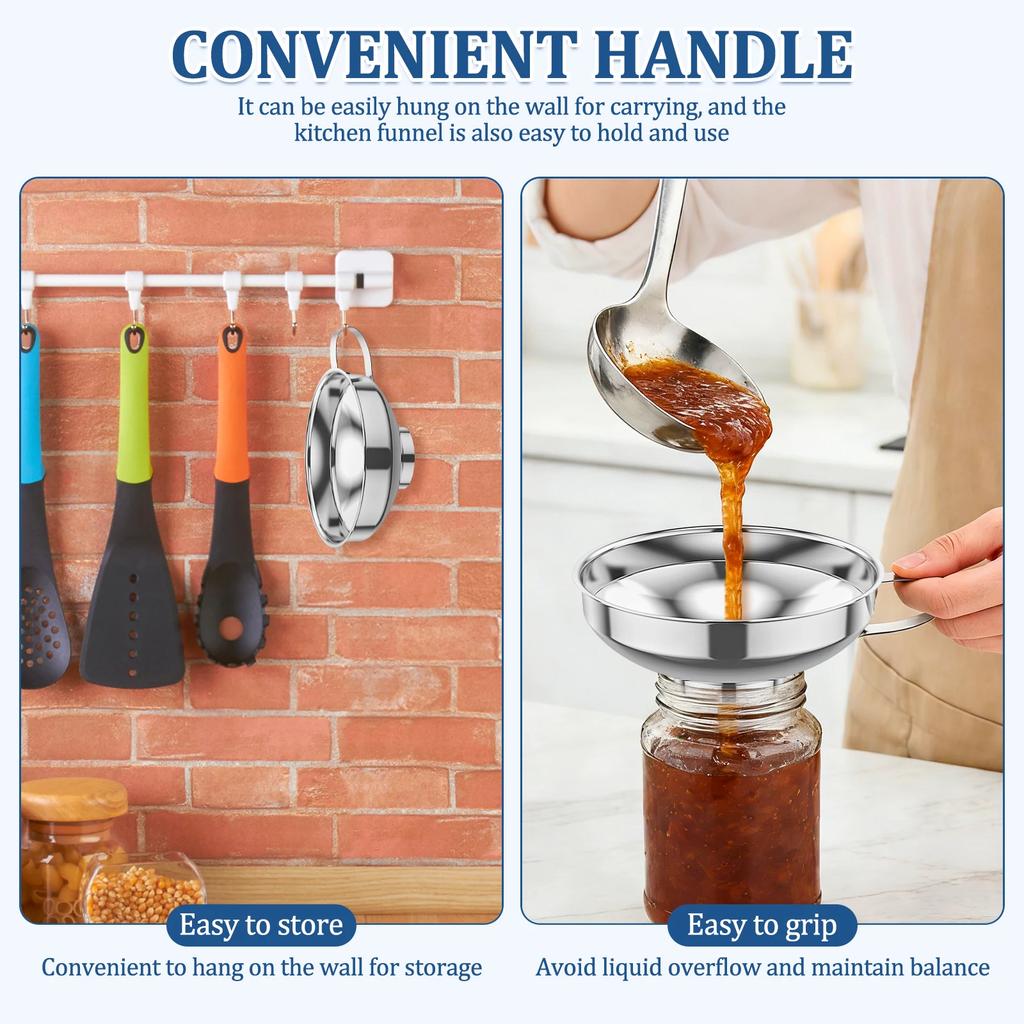 3 Packs Stainless Steel Canning Funnels with Strainer Wide Mouth Jar Funnels Kitchen Gadgets for Jam Oil Spice Sugar Flour
