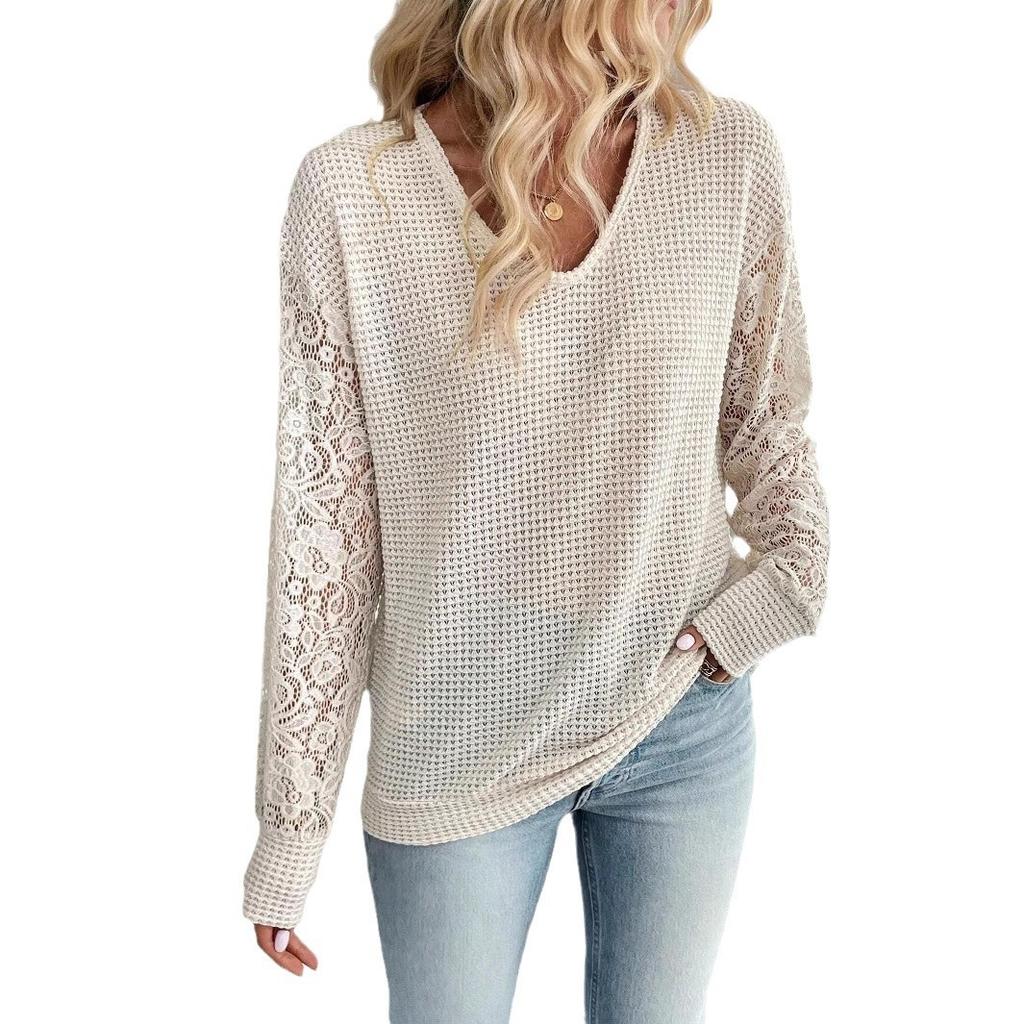 Spring Elegant Women's Solid Color V-neck Lace Splicing Long-sleeved T-shirt Tops Women Versatile Closet Essential Fashion Items Shirt