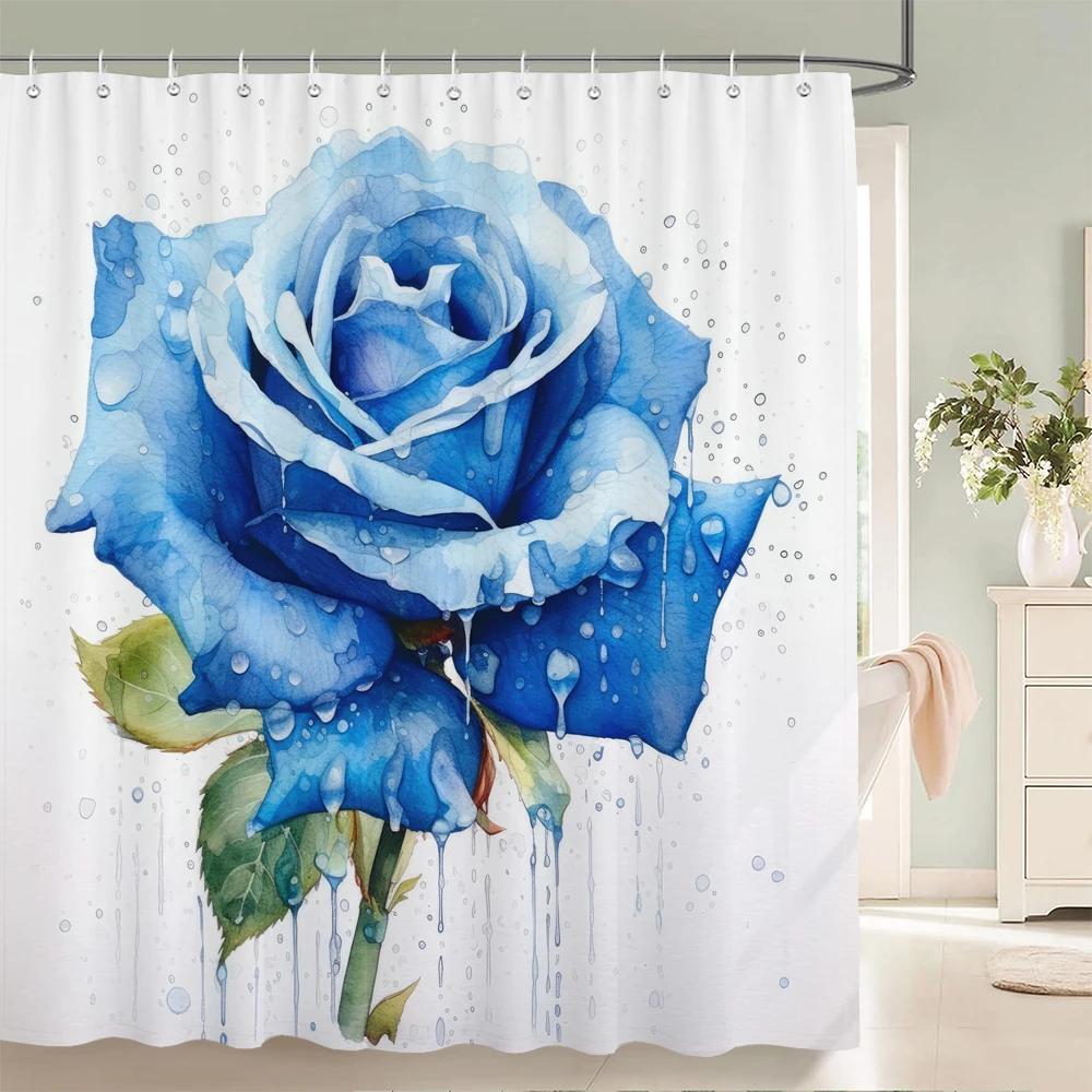 Waterproof Polyester Fabric Red Rose Shower Curtains Blue Rose Flowers Printing Bathroom Curtains for Home Decoration Curtain