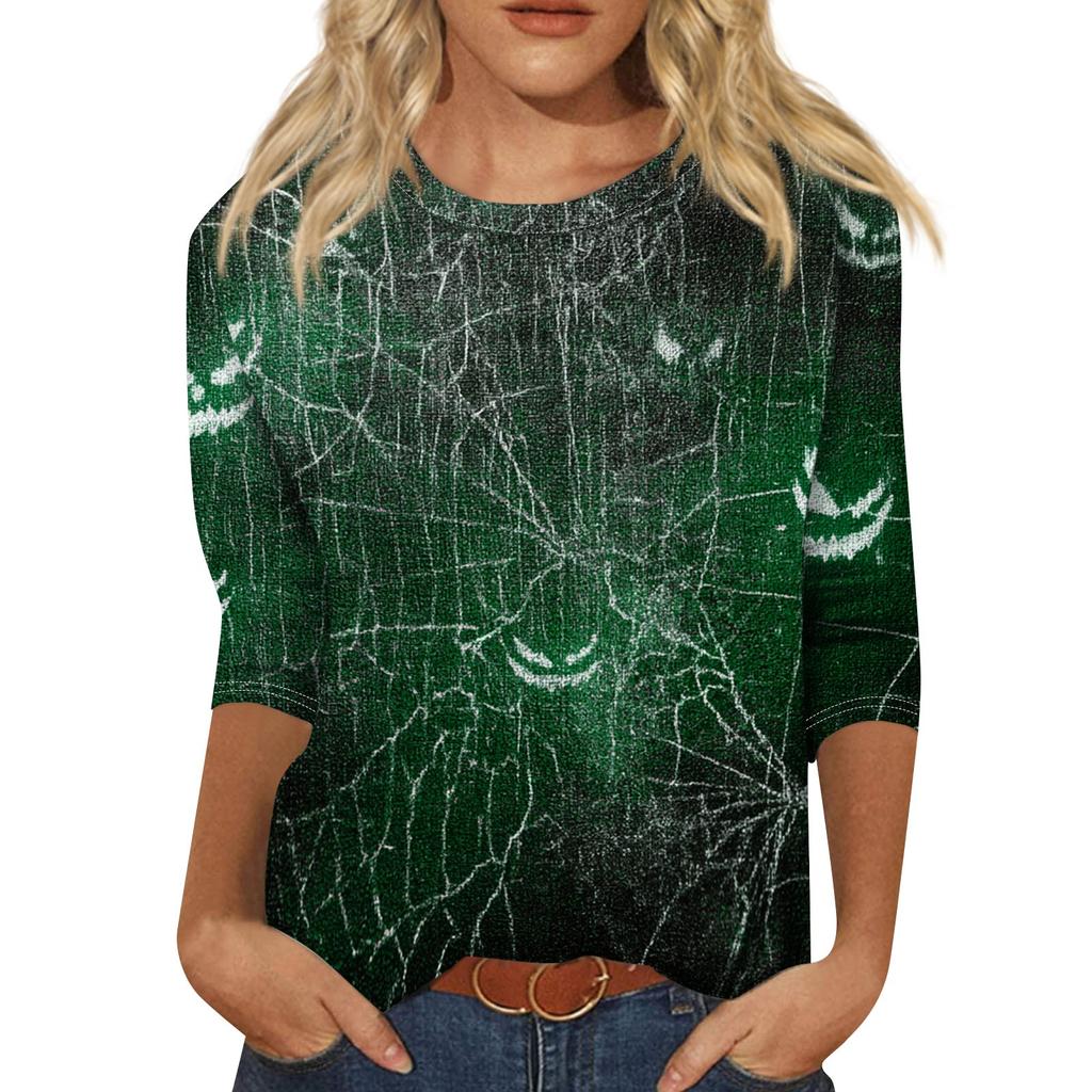 Womens Casual Halloween Print Crewneck Three Quarter Sleeve T Shirt Top Loose Fit Soft Material Comfortable Style