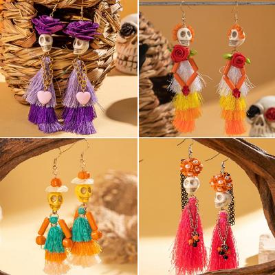 Creative Halloween Skeleton Skull Tassel Dangle Earrings for Women Gothic Skull Drop Earrings Festival Party Jewelry