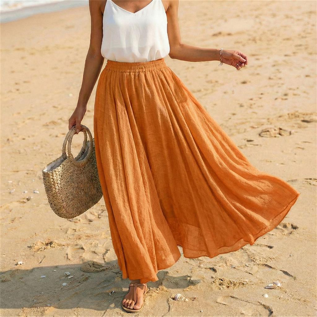 Women Casual Holiday Solid Cotton Linen Long Skirt A Line Beach Midi Skirt Elastic Waist Lightweight Flowing Design