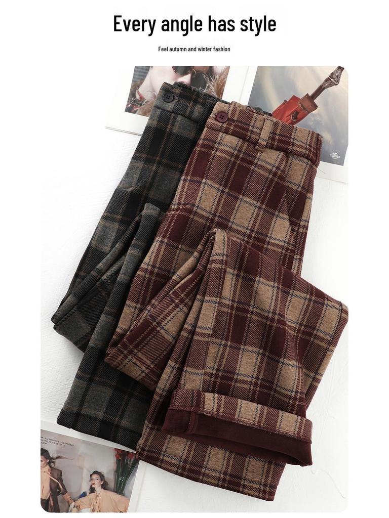 Women's Winter Plaid Wool High-Waisted Straight-Leg Cashmere Pants - Slimming, Loose, and Stylish