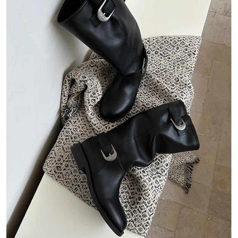 Women's Boots French Retro Belt Buckle Long Leg Knight Boots  New British Style Patchwork Pleated Calf Comfort Botas Mujer
