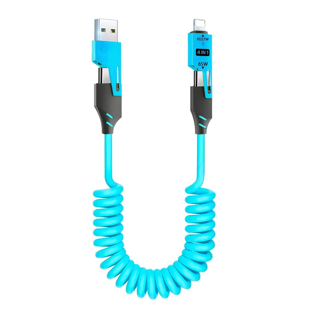 1/2PCS 4-in-1 Spring Data Cable & 65W Quick Charger: 6A USB Type-C Telescopic Wire Compatible with iPhone/iPad/MacBook/Huawei