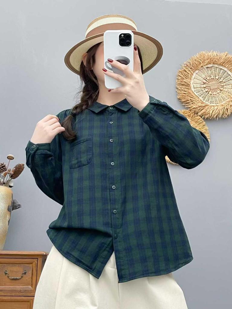 Authentic Cotton Double-Layer Gauze Plaid Shirt for Women - Long Sleeve, Loose, Versatile, Retro Style