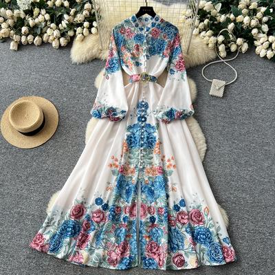 Spring Summer Fashion Vintage Flower Maxi Dress Women's Stand Collar Long Lantern Sleeve Single Breasted Floral Print Belt Slim Boho Dress