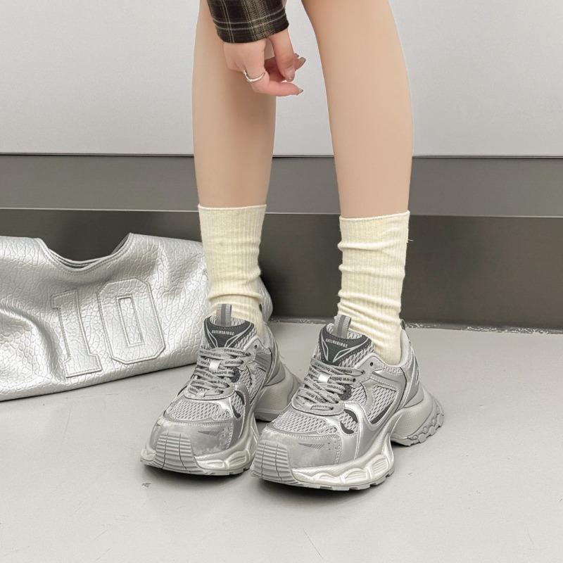 Thick-soled heightening dad shoes women's spring new silver breathable versatile lightweight sports and leisure shoes