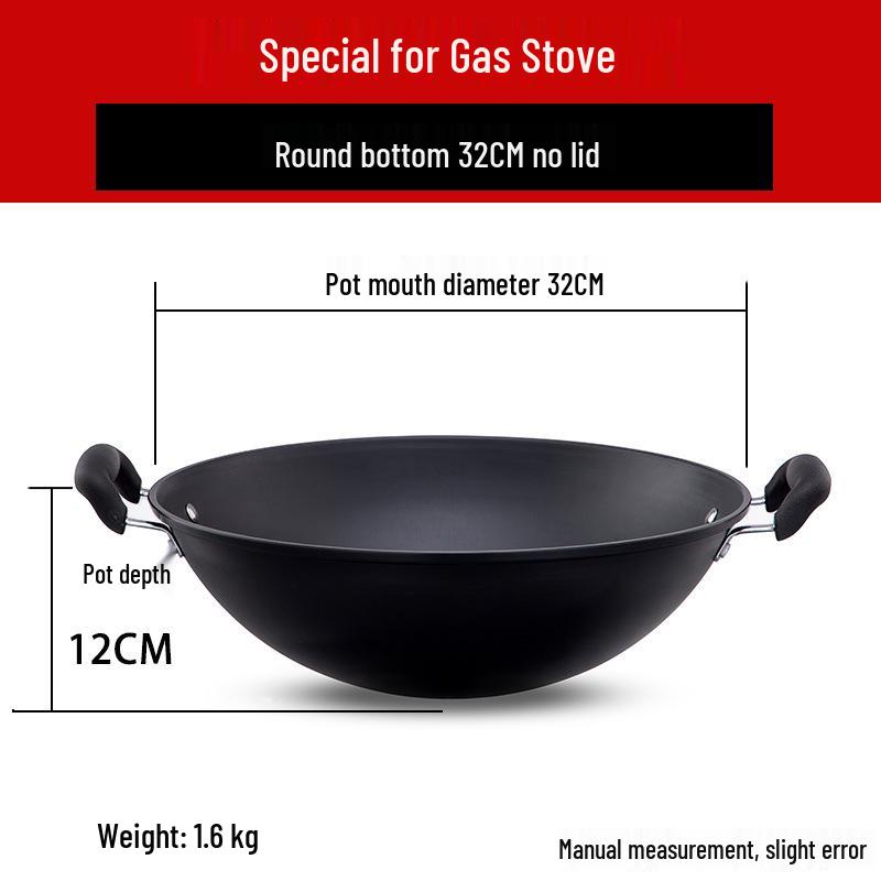 Robuster gusseiserner Wok mit zwei Griffen für Induktionskochfelder - Große Pfanne mit flachem Boden zum Braten.
