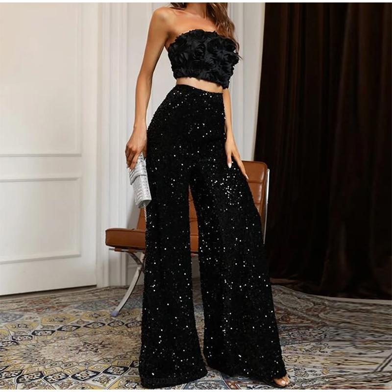 Sexy Women Nightclub Elastic High Waist Casual Loose Wide Leg Glitter Sequin Bell Bottom Pants 2025 New Female Party Trousers