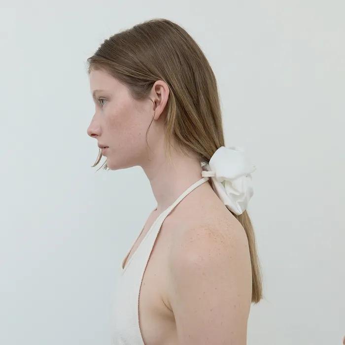 Silket Pearl Button Scrunchie_White