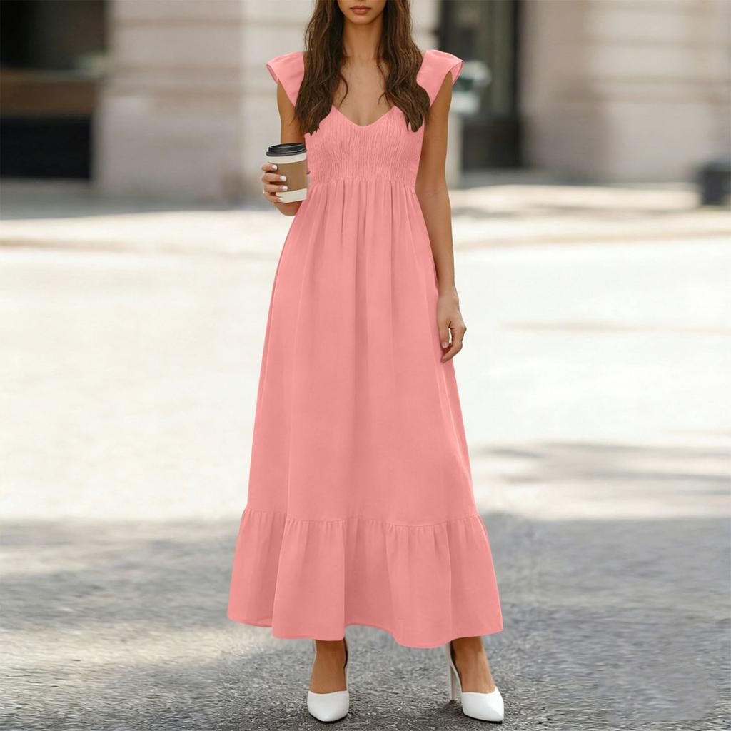 Women's Fashionable V-neck Casual Loose High Waisted Color Ruffle Sleeveless Pleated Long Dresses