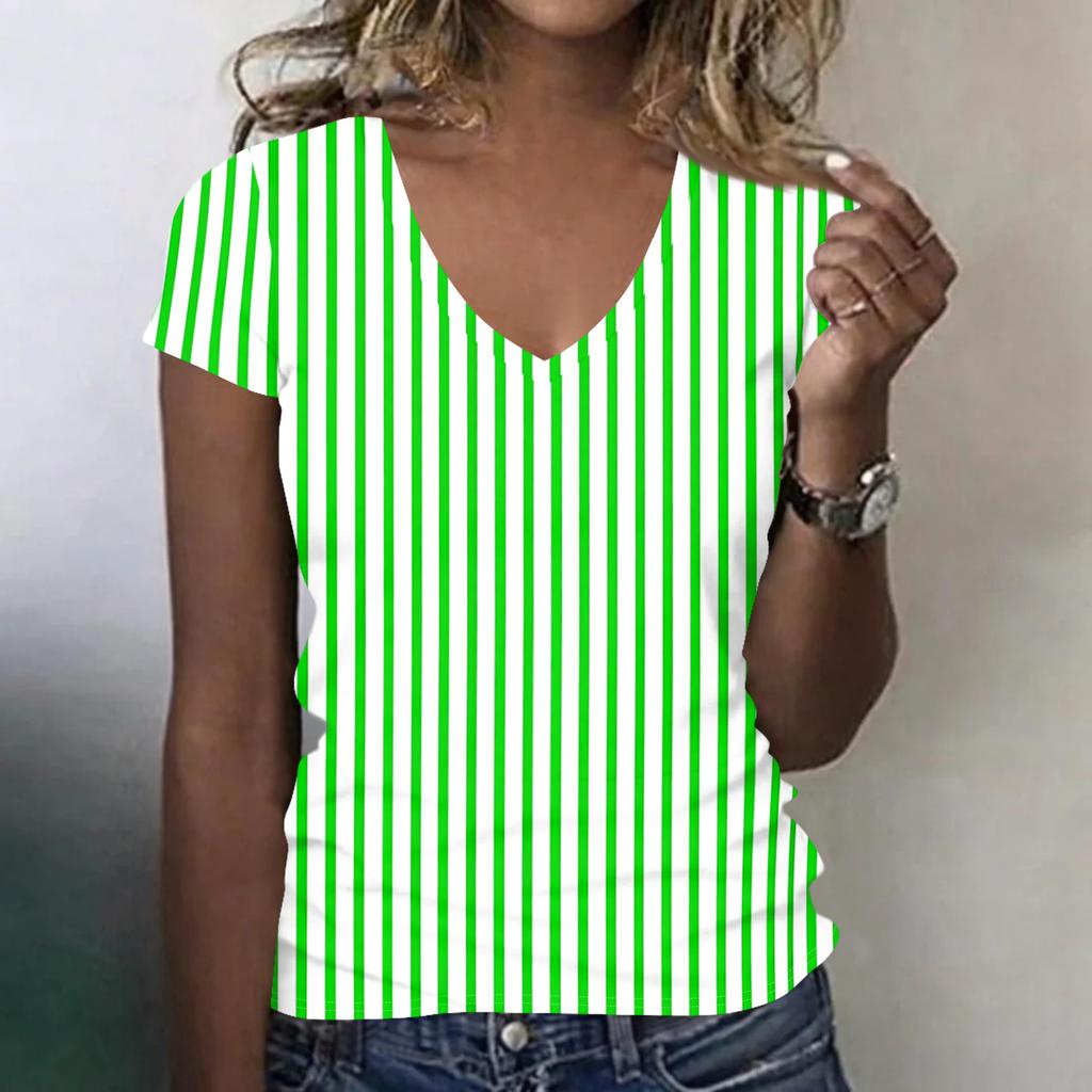 Women's Fashionable Casual V-neck Short-sleeved Striped Print Slim-fit Lightweight T-shirt Top