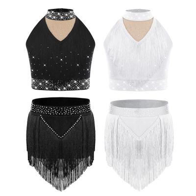 Meisjes Latijnse Danskostuum Mock Neck Mouwloos Franje Vest Glanzende Strass Steentjes Kwastjes Rok Performance Outfit