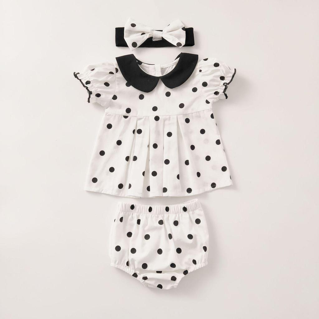 2024 Baby Girl Polka Dot Pleated Top, Shorts & Hairband Set